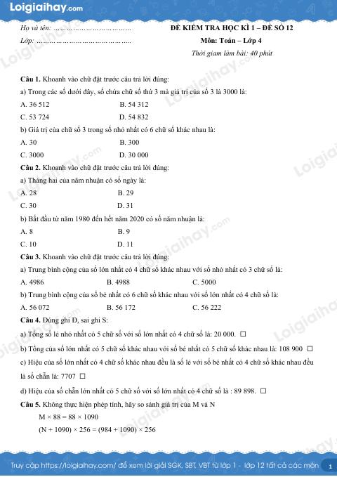 Đề số 12 - Đề kiểm tra học kì 1 - Toán lớp 4